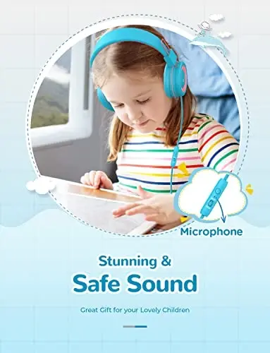 iClever Kids Eshitish vositasi simli, 85/94dB xavfsiz ovozli texnologiya, egilishga chidamli, buklanadigan, stereo ovozli 3,5 mm Jek simli bolalar uchun quloqchinlar O'g'il qizlar planshet/sayohat/maktab, HS14 ko'k pushti - 2