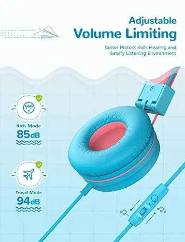 iClever Kids Eshitish vositasi simli, 85/94dB xavfsiz ovozli texnologiya, egilishga chidamli, buklanadigan, stereo ovozli 3,5 mm Jek simli bolalar uchun quloqchinlar O'g'il qizlar planshet/sayohat/maktab, HS14 ko'k pushti - 3