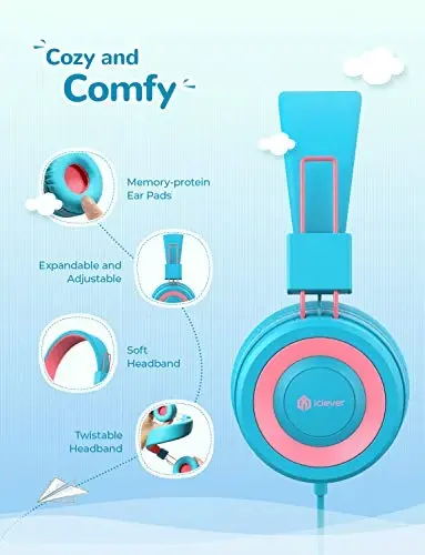 iClever Kids Eshitish vositasi simli, 85/94dB xavfsiz ovozli texnologiya, egilishga chidamli, buklanadigan, stereo ovozli 3,5 mm Jek simli bolalar uchun quloqchinlar O'g'il qizlar planshet/sayohat/maktab, HS14 ko'k pushti - 4