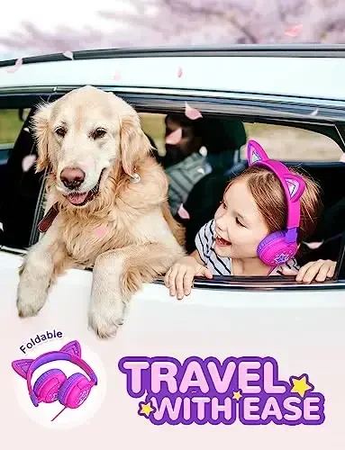 iClever Kids Headphones Cat Ear, LED Light Up, 85dBA Safe Volume, Stereo Sound Toddler Headphones for Travel School, Foldable 3.5mm Wired Kids Headphone for iPad Tablets, Meow Lollipop-Hot Pink - 6