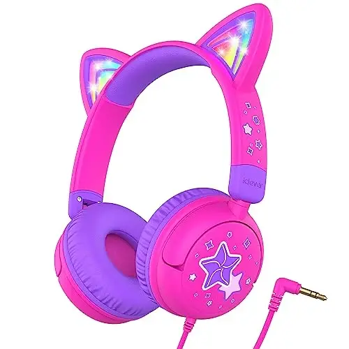 iClever Kids Headphones Cat Ear, LED Light Up, 85dBA Safe Volume, Stereo Sound Toddler Headphones for Travel School, Foldable 3.5mm Wired Kids Headphone for iPad Tablets, Meow Lollipop-Hot Pink - 2