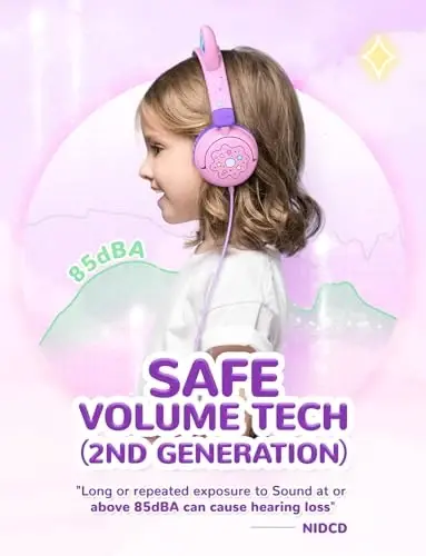 iClever Kids Headphones Cat Ear, LED Light Up, 85dBA Safe Volume, Stereo Sound Toddler Headphones for Travel School, Foldable 3.5mm Wired Kids Headphone for iPad Tablets, Meow Lollipop -Pink - 3