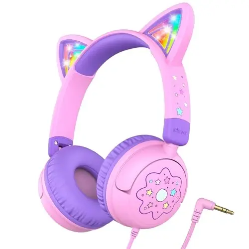 iClever Kids Headphones Cat Ear, LED Light Up, 85dBA Safe Volume, Stereo Sound Toddler Headphones for Travel School, Foldable 3.5mm Wired Kids Headphone for iPad Tablets, Meow Lollipop -Pink 