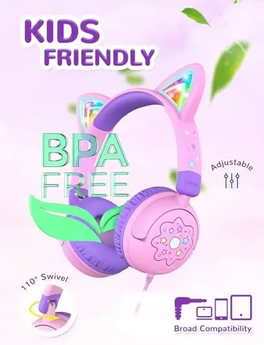 iClever Kids Headphones Cat Ear, LED Light Up, 85dBA Safe Volume, Stereo Sound Toddler Headphones for Travel School, Foldable 3.5mm Wired Kids Headphone for iPad Tablets, Meow Lollipop -Pink - 4