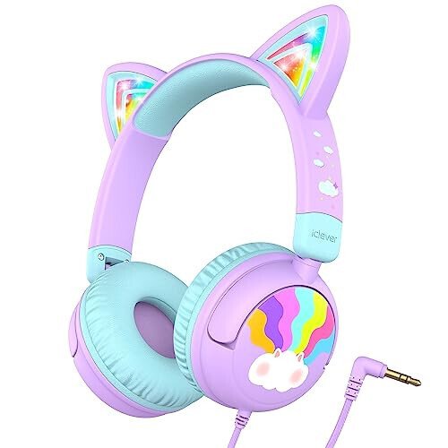 iClever Kids Headphones Cat Ear, LED Light Up, 85dBA Safe Volume, Stereo Sound Toddler Headphones for Travel School, Foldable 3.5mm Wired Kids Headphones for iPad Tablets, Meow Lollipop-Purple - MODAZONE