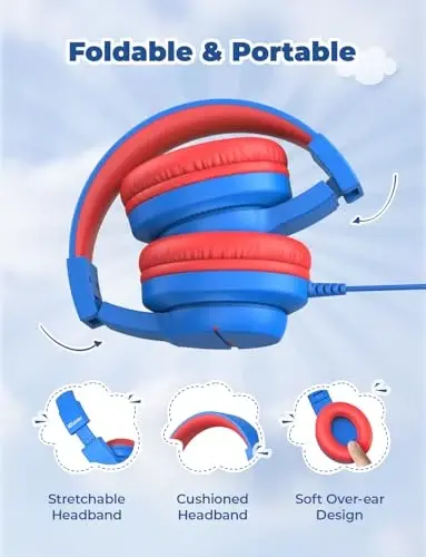 iClever Kids Headphones for School Travel, Safe Volume 85/94dB, HD Mic Stereo Sound Over-Ear Girls Boys Headphones for Kid, FunShare Foldable 3.5mm Wired Kids Headphones for iPad Computer, HS19 - 5