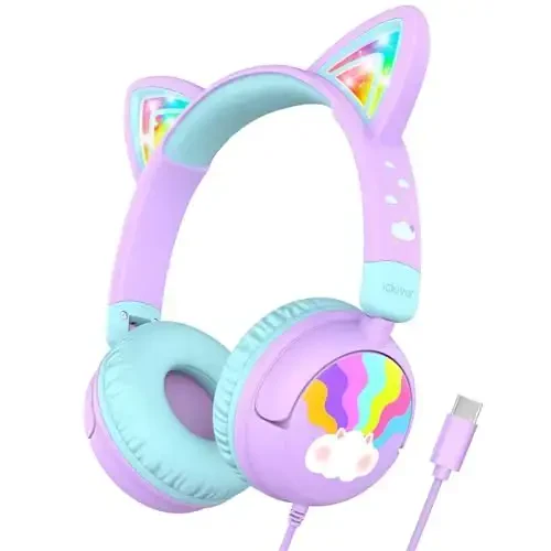 iClever Kids Headphones USB C, LED Light Up, 85dBA Safe Volume, Stereo Sound Toddler Headphones for Travel School, Kids Headphone with Cord for iPad Tablets, Meow Lollipop-Purple - 1