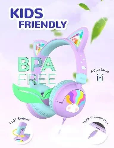 iClever Kids Headphones USB C, LED Light Up, 85dBA Safe Volume, Stereo Sound Toddler Headphones for Travel School, Kids Headphone with Cord for iPad Tablets, Meow Lollipop-Purple - 4