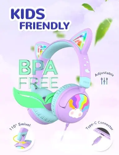 iClever Kids Headphones USB C, LED Light Up, 85dBA Safe Volume, Stereo Sound Toddler Headphones for Travel School, Kids Headphone with Cord for iPad Tablets, Meow Lollipop-Purple - 4