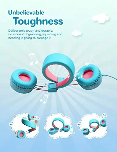 iClever Kids Headphones with Cord, 85/94dB Safe Volume Tech, Bending Resistance Durable, Foldable, Stereo Sound 3.5mm Jack Wired Headphones for Kids Boys Girls Tablet/Travel/School, HS14 Blue Pink - 5