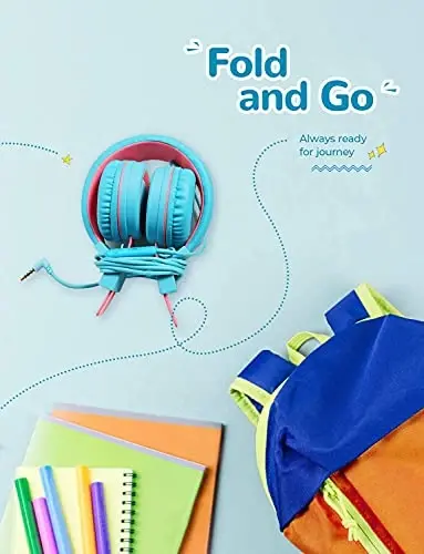 iClever Kids Headphones with Cord, 85/94dB Safe Volume Tech, Bending Resistance Durable, Foldable, Stereo Sound 3.5mm Jack Wired Headphones for Kids Boys Girls Tablet/Travel/School, HS14 Blue Pink - 7
