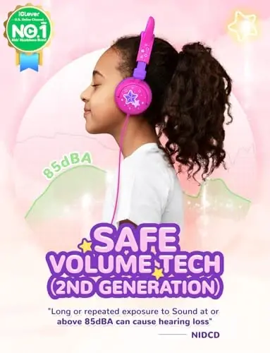 iClever Kids naushniklar Mushuk qulog'i, LED yoritgichli, 85dBA xavfsiz ovoz, sayohat maktabi uchun stereo ovozli bolalar naushniklari, iPad planshetlari uchun buklanadigan 3,5 mm simli bolalar naushniklari, Meow Lollipop-Hot Pink - ICLEVER