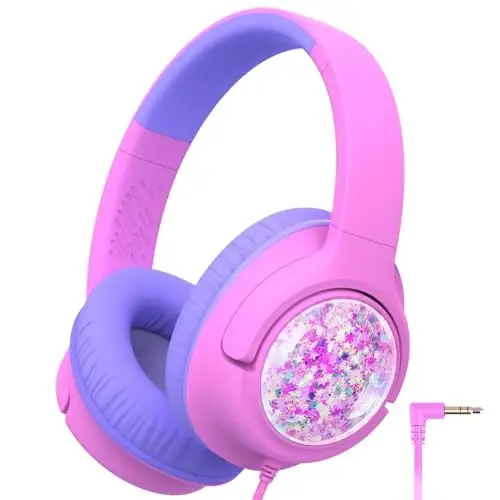 iClever Kids naushniklari simli, 85dBA xavfsiz ovozli simli naushniklar bolalar uchun, stereo ovozli buklanadigan sozlanishi, 3,5 mm uyasi, quloq ustidagi bolalar naushniklari maktab/o'g'il bolalar/qizlar/iPad/planshet/sayohat uchun 