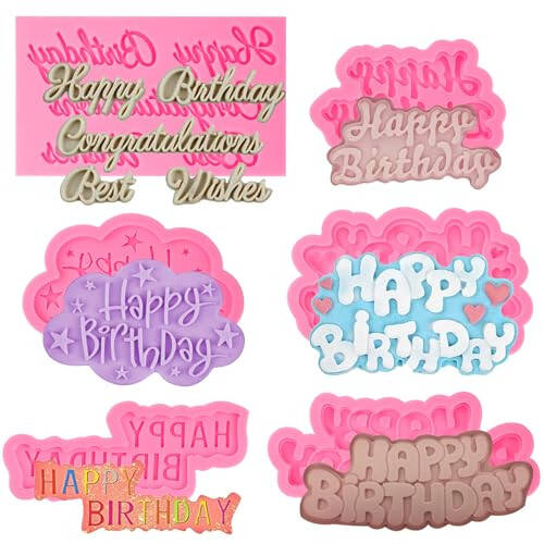ICNYEKl Happy Birthday Chocolate Silicone Molds 6 Pcs,Letter Cake Decoration Fondant Mold,for Baby Showers,Birthday Party,Candy,Cookies,Marzipan,Gum,Butter,Dough,Epoxy Resin,Polymer Clay - 1