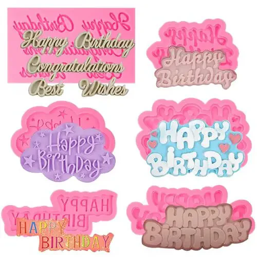 ICNYEKl Happy Birthday Chocolate Silicone Molds 6 Pcs, Letter Cake Decoration Fondant Mold, for Baby Showers, Birthday Party, Candy, Cookies, Marzipan, Gum, Butter, Dough, Epoxy Resin, Polymer Clay - 1