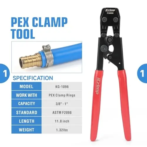 iCrimp 3/8 to 1 inch Cinch Clamp Crimping Tool Kit, With 1/2 inch Cinch Clamp Rings(20 Pack) and Brass Fittings(12 Pack), PEX Tubing Cutter - 2