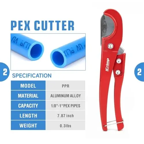 iCrimp 3/8 to 1 inch Cinch Clamp Crimping Tool Kit, With 1/2 inch Cinch Clamp Rings(20 Pack) and Brass Fittings(12 Pack), PEX Tubing Cutter - 3