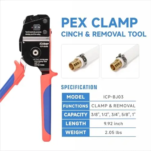iCrimp ICP-BJ03 Инструмент для обжима PEX для затяжки и снятия PEX-хомутов 3/8 дюйма, 1/2 дюйма, 3/4 дюйма и 1 дюйма, Инструмент для обжима PEX одной рукой - 2