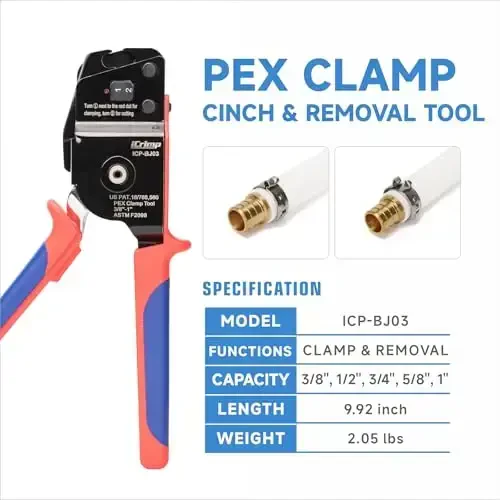 iCrimp ICP-BJ03 PEX Clamp Tool for Cinch and Removal of 3/8-in, 1/2-in, 3/4-in and 1-in PEX Clamp Rings, One-handed PEX Crimping Tool - 2
