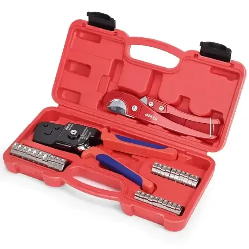 iCrimp KIT-BJ02 PEX Crimping Tool Kit with PEX Clamps, PEX Pipe Cutter, One-Handed PEX Clamp Tool for Cinching 3/8-in, 1/2-in, 3/4-in, 1-in PEX Clamp 