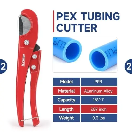iCrimp KIT-BJ02 PEX Crimping Tool Kit with PEX Clamps, PEX Pipe Cutter, One-Handed PEX Clamp Tool for Cinching 3/8-in, 1/2-in, 3/4-in, 1-in PEX Clamp - 3