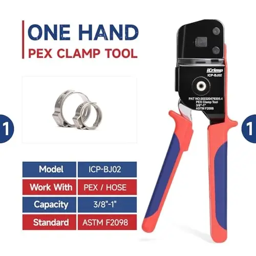 iCrimp ICP-BJ03 PEX Clamp Tool for Cinch and Removal of 3/8-in, 1/2-in, 3/4-in and 1-in PEX Clamp Rings, One-handed PEX Crimping Tool - 2