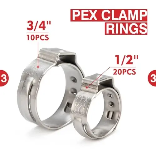iCRIMP KIT-1096D PEX Clamp Tool Kit for 3/8 to 1 inch PEX Cinch Clamps, with 20pcs 1/2 inch & 10pcs 3/4 inch PEX Cinch Clamp Rings, PEX Tubing Cutter, All-in-one PEX Crimping Tool Kit - 4