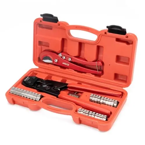 iCRIMP KIT-1096D PEX Clamp Tool Kit for 3/8 to 1 inch PEX Cinch Clamps, with 20pcs 1/2 inch & 10pcs 3/4 inch PEX Cinch Clamp Rings, PEX Tubing Cutter, All-in-one PEX Crimping Tool Kit - 1
