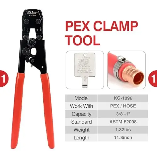 iCRIMP KIT-1096D PEX Clamp Tool Kit for 3/8 to 1 inch PEX Cinch Clamps, with 20pcs 1/2 inch & 10pcs 3/4 inch PEX Cinch Clamp Rings, PEX Tubing Cutter, All-in-one PEX Crimping Tool Kit - 2
