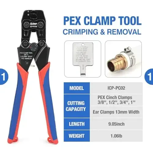 iCrimp PC-PC02KIT PEX Clamp Crimping Tool Kit with 1/2 inch(20 Pack) and 3/4 inch(10 Pack) PEX Clamp Rings, Pipe Cutter for PEX and Automotive Clamp Cinch and Removal - ICRIMP (1)