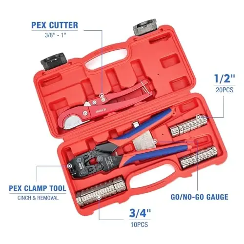 iCrimp PC-PC02KIT PEX Clamp Crimping Tool Kit with 1/2 inch(20 Pack) and 3/4 inch(10 Pack) PEX Clamp Rings, Pipe Cutter for PEX and Automotive Clamp Cinch and Removal - 5