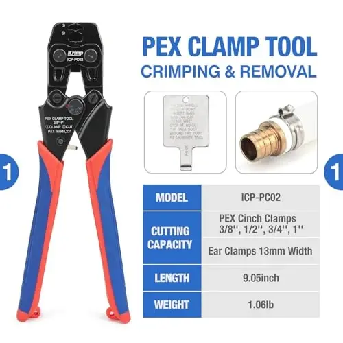 iCrimp PC-PC02KIT PEX qisqichli qisish asboblar to'plami 1/2 dyuym (20 dona) va 3/4 dyuym (10 dona) PEX qisqichli halqalari, PEX uchun quvur kesgich va avtomobil qisqichini siqish va olib tashlash - ICRIMP (1)