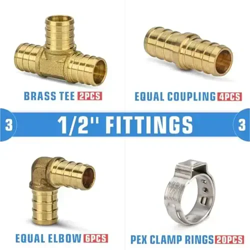 iCrimp PEX Clamp Tool PEX Fitting Kit for Cinch and Removal 3/8-in, 1/2-in, 3/4-in, 1-in PEX Clamps, c/w 1/2''(20 Pack) PEX Clamp Rings, Brass PEX Crimp Fittings(12 Pack), PEX Tubing Cutter - 4