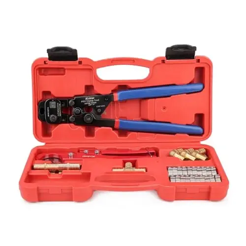 iCrimp PEX Clamp Tool PEX Fitting Kit for Cinch and Removal 3/8-in, 1/2-in, 3/4-in, 1-in PEX Clamps, c/w 1/2''(20 Pack) PEX Clamp Rings, Brass PEX Crimp Fittings(12 Pack), PEX Tubing Cutter - 1