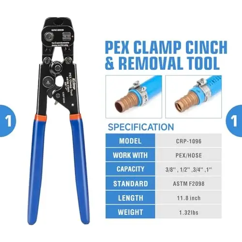 iCrimp PEX Clamp Tool PEX Fitting Kit for Cinch and Removal 3/8-in, 1/2-in, 3/4-in, 1-in PEX Clamps, c/w 1/2''(20 Pack) PEX Clamp Rings, Brass PEX Crimp Fittings(12 Pack), PEX Tubing Cutter - ICRIMP (1)