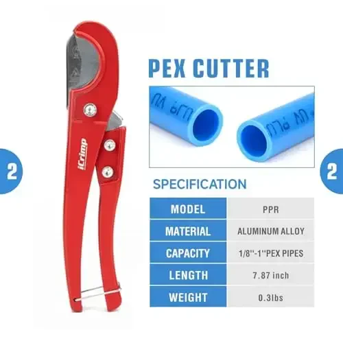 iCrimp PEX Clamp Tool PEX Fitting Kit for Cinch and Removal 3/8-in, 1/2-in, 3/4-in, 1-in PEX Clamps, c/w 1/2''(20 Pack) PEX Clamp Rings, Brass PEX Crimp Fittings(12 Pack), PEX Tubing Cutter - 3