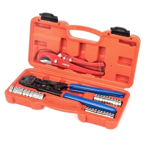 iCrimp PEX Clamp Tool Kit for 3/8-in, 1/2-in, 3/4-in, 1-in PEX Clamp Cinch & Removal, c/w 1/2''(20 Pack) and 3/4''(10 Pack) PEX Clamp Rings, PEX Tubing Cutter - 1