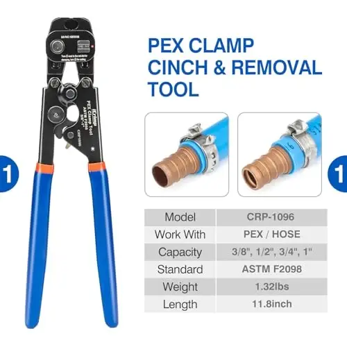 iCrimp PEX Clamp Tool Kit for 3/8-in, 1/2-in, 3/4-in, 1-in PEX Clamp Cinch & Removal, c/w 1/2''(20 Pack) and 3/4''(10 Pack) PEX Clamp Rings, PEX Tubing Cutter - 2