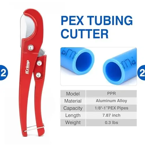 iCrimp PEX Clamp Tool Kit for 3/8-in, 1/2-in, 3/4-in, 1-in PEX Clamp Cinch & Removal, c/w 1/2''(20 Pack) and 3/4''(10 Pack) PEX Clamp Rings, PEX Tubing Cutter - 3