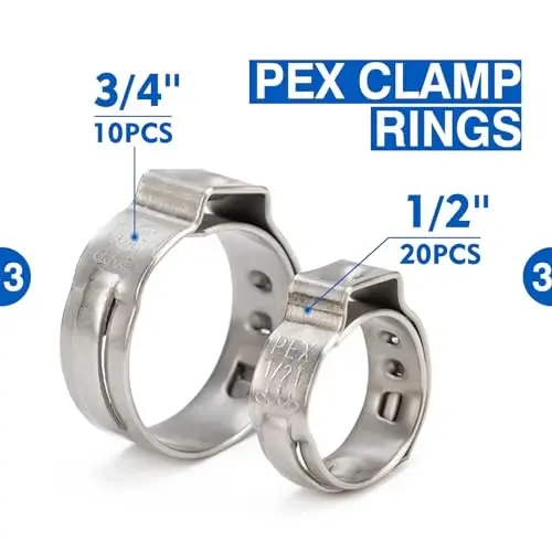iCrimp PEX Clamp Tool Kit for 3/8-in, 1/2-in, 3/4-in, 1-in PEX Clamp Cinch & Removal, c/w 1/2''(20 Pack) and 3/4''(10 Pack) PEX Clamp Rings, PEX Tubing Cutter - 4