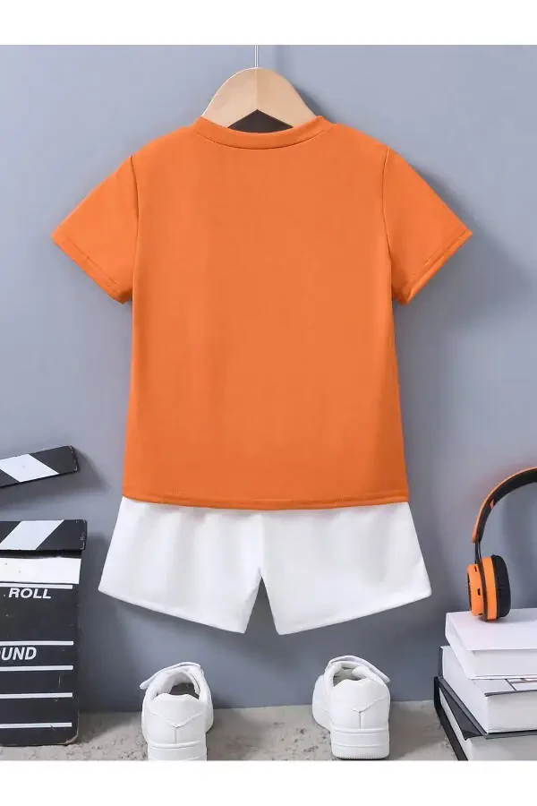 Ideal Cotton Kids Set - Orange T-shirt White Shorts Printed Girl Boy Kids Summer Bicycle Collar - 4