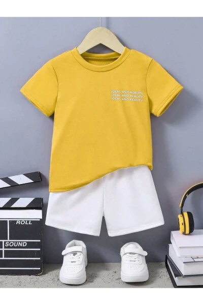 Ideal Cotton Kids Set - Yellow T-shirt White Shorts Printed Girl Boy Kids Summer Bike Collar - DUBU BUTİK (1)