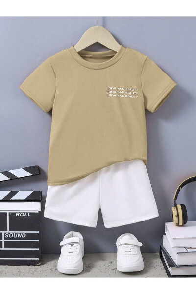 Ideal Pamuklu Çocuk Takım - Bej T-shirt Beyaz Şort Baskılı Kız Erkek Çocuk Yazlık Bisiklet Yaka - 1