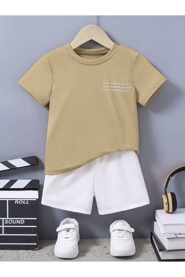 Ideal Pamuklu Çocuk Takım - Bej T-shirt Beyaz Şort Baskılı Kız Erkek Çocuk Yazlık Bisiklet Yaka - Bej Beyaz - 2