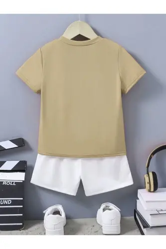 Ideal Pamuklu Çocuk Takım - Bej T-shirt Beyaz Şort Baskılı Kız Erkek Çocuk Yazlık Bisiklet Yaka - Bej Beyaz - DUBU BUTİK (1)