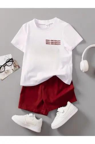 Ideal Pamuklu Çocuk Takım - Beyaz T-shirt Kırmızı Şort Baskılı Kız Erkek Çocuk Yazlık Bisiklet Yaka - Kırmızı - 1