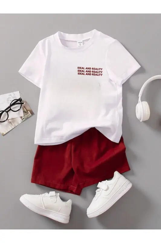 Ideal Pamuklu Çocuk Takım - Beyaz T-shirt Kırmızı Şort Baskılı Kız Erkek Çocuk Yazlık Bisiklet Yaka - Kırmızı - 1