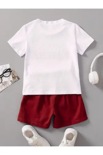 Ideal Pamuklu Çocuk Takım - Beyaz T-shirt Kırmızı Şort Baskılı Kız Erkek Çocuk Yazlık Bisiklet Yaka - Kırmızı - DUBU BUTİK (1)