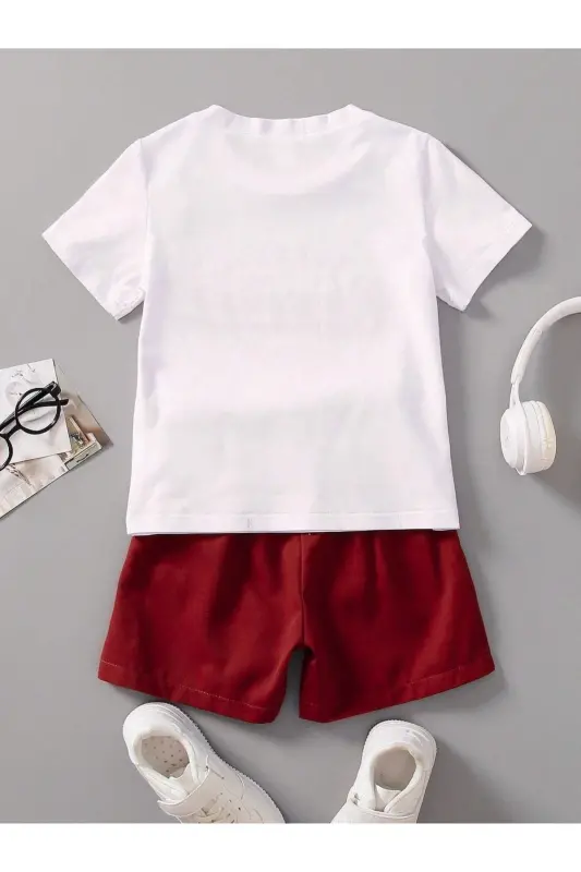 Ideal Pamuklu Çocuk Takım - Beyaz T-shirt Kırmızı Şort Baskılı Kız Erkek Çocuk Yazlık Bisiklet Yaka - Kırmızı - 2