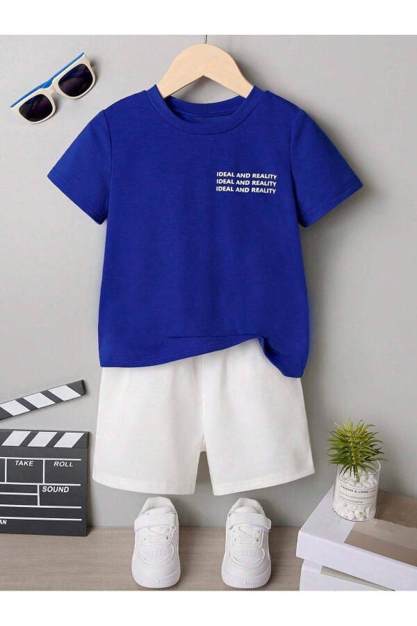 Ideal Pamuklu Çocuk Takım - Sax T-shirt Beyaz Şort Baskılı Kız Erkek Çocuk Yazlık Bisiklet Yaka - Saks Mavi Beyaz - 1